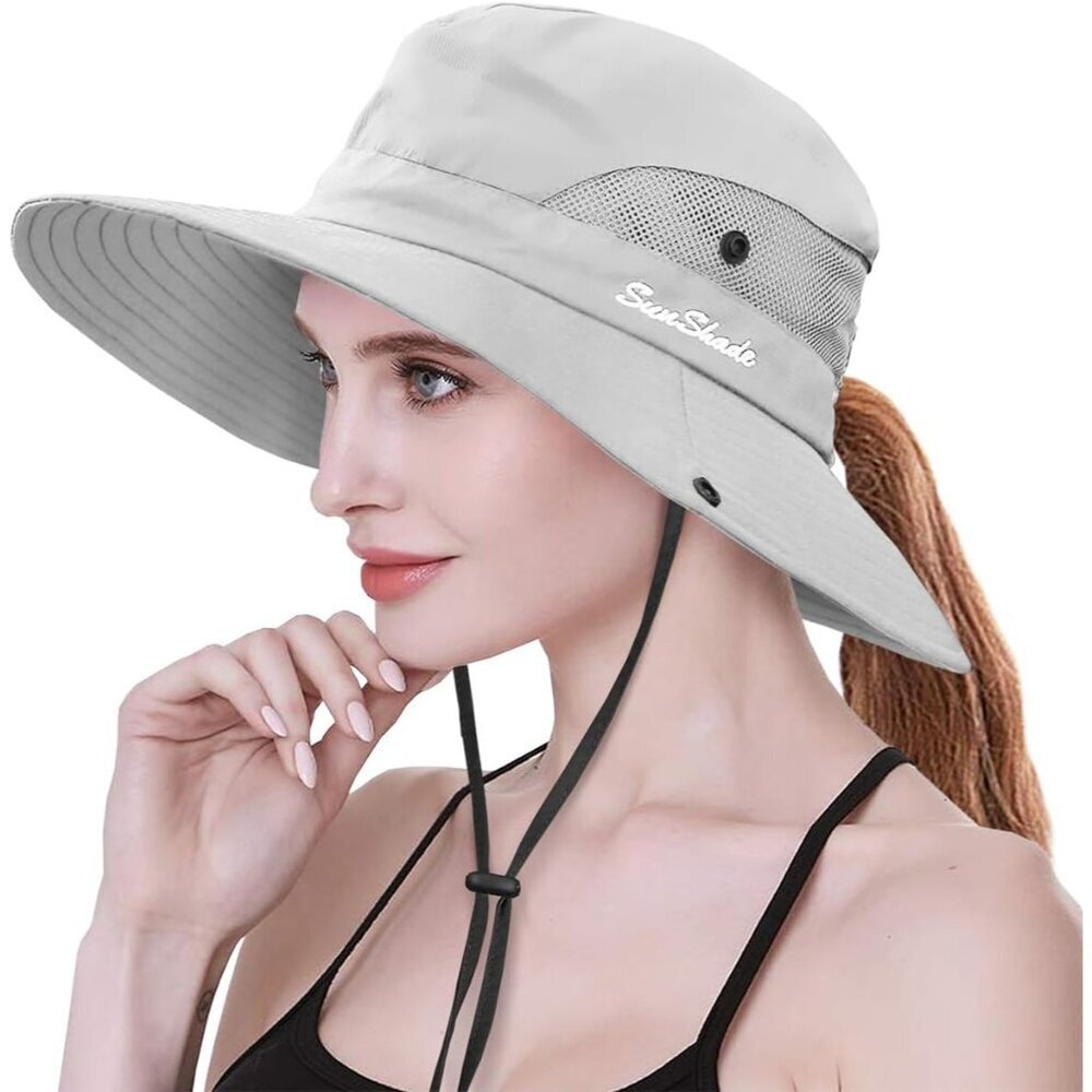 Womens Beige Polyester Wide Brim Mesh Boonie Uv Protection Chin Strap Cowboy Hat